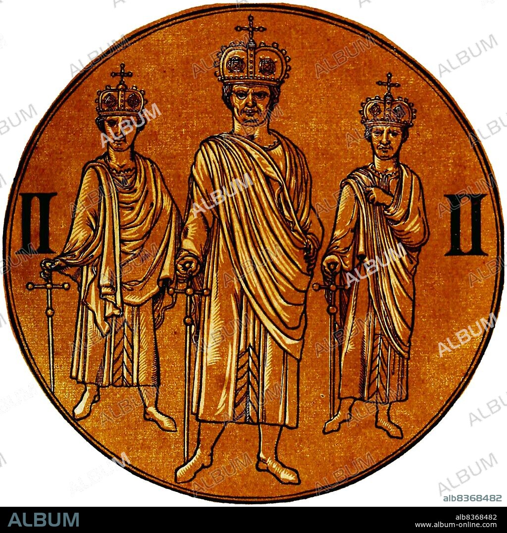 Louis II (825-875), also known as Louis of Italy and Louis the Younger, was the eldest son of Emperor Lothair I, who he co-ruled with until 855, after which he inherited the imperial throne and ruled alone. Louis II was also King of Italy, and governed the kingdom before his ascension to emperor.<br/><br/>. When his father died and his lands were divided amongst his sons, Louis was angry that he obtained no territory outside of Italy. Allying himself with his uncle, Louis the German, he fought against his own brother Lothair, King of Lotharingia, as well as his other uncle, King Charles the Bald, in 857. He reconciled with his brother in 858, and received the Kingdom of Provence in 863 after the death of his brother Charles. Louis had to deal with turbulence and chaos in Italy, as well as with Saracens ravaging its southern provinces, procuring the aid of Byzantine emperor Basil.<br/><br/>. Louis was betrayed and imprisoned by one of his own nobles, Adelchis, Prince of Benevento, in 871, but was freed a month later due to fresh Saracen incursions. He unsuccessfully tried to punish Adelchis for his imprisonment, but had better luck against the Saracens. He eventually died in 875, naming his cousin Carloman as his successor.