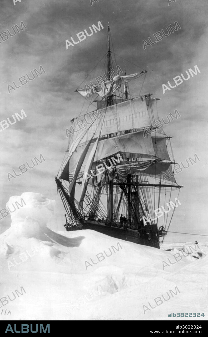 Print entitled: "Terra Nova icebound in the pack, 1910 or 1911." The Terra Nova (Latin for Newfoundland) was built in 1884 for the Dundee whaling and sealing fleet. She worked for 10 years in the annual seal fishery in the Labrador Sea, proving her worth for many years before she was called upon for expedition work. In 1903, she sailed in company with fellow ex-whaler Morning to assist in freeing from McMurdo Sound the National Antarctic Expedition's Discovery, under Commander Robert Falcon Scott. Reinforced from bow to stern with seven feet of oak to protect against the Antarctic ice pack, she sailed from Cardiff Docks in June 1910 under overall command of now-Captain Scott. Although the twenty-four officers and scientific staff made valuable observations in biology, geology, glaciology, meteorology, and geophysics along the coast of Victoria Land and on the Ross Ice Shelf, Scott's last expedition is best remembered for the death of Scott and four companions. After returning from the Antarctic in 1913, Terra Nova was purchased by her former owners and resumed work in the Newfoundland seal fishery. In 1943 she was damaged by ice and sank off the southwestern tip of Greenland. In July 2012 the wreck of the Terra Nova was discovered by the Schmidt Ocean Institute's flagship R/V Falkor.