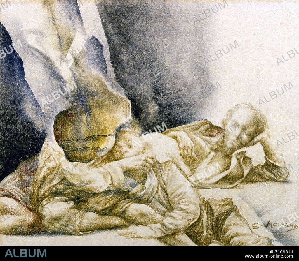 EDUARDO NARANJO. Dibujo a lápiz de figuras tumbadas.