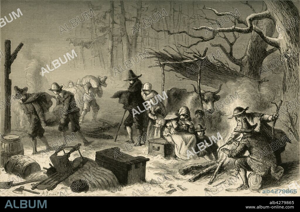 ALBERT BOBBETT. 'English Settlers in America', (1877). The Europeans who arrived on the east coast of what is now the United States in the early 17th century, struggled to survive during the early years of colonisation. From "Our Country: a Household History for All Readers, from the Discovery of America to the Present Time", Volume 1, by Benson J. Lossing. [Johnson & Miles, New York, 1877].