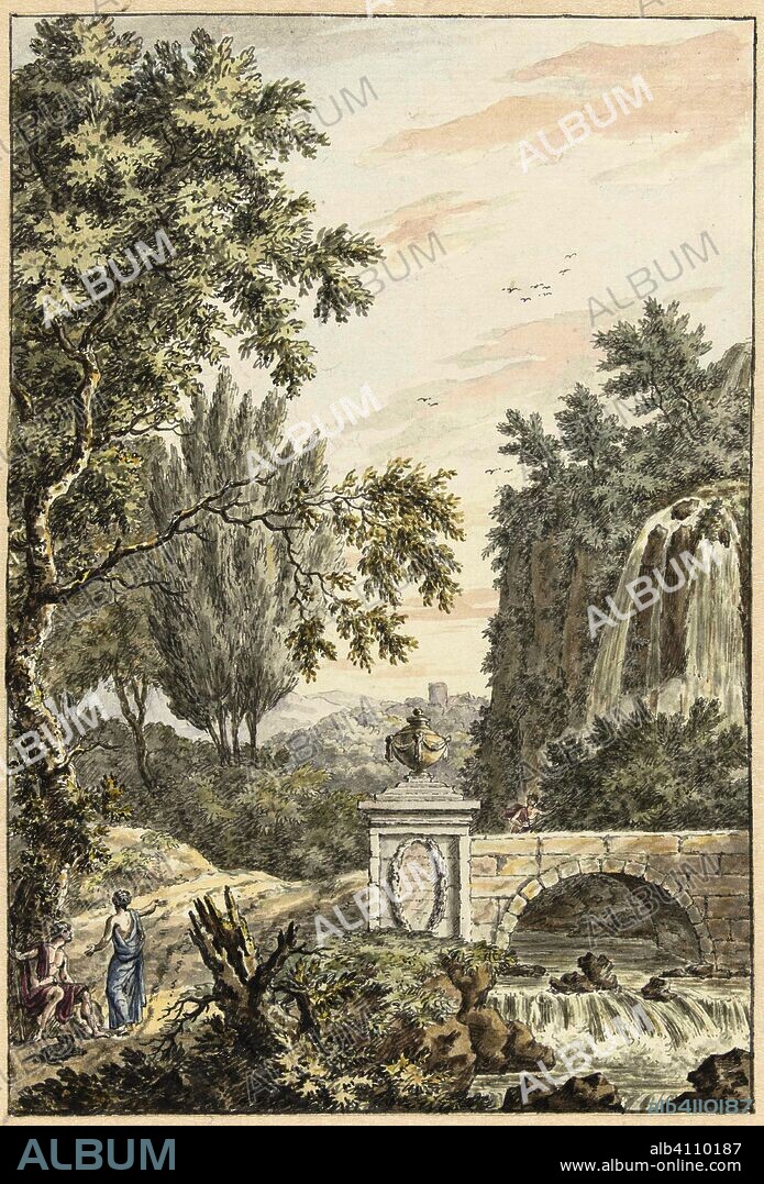 Arcadian forest landscape with a waterfall, a bridge and three young men. Draughtsman: Dirk Versteegh. Dating: Jun-1780. Measurements: h 204 mm × w 139 mm.