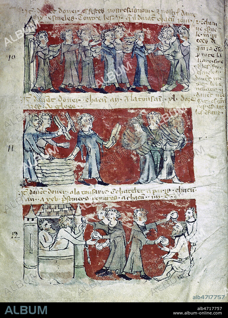 Vie quotidienne d'etudiants au Moyen-age a Paris, en 1346. Bandes 10-11-12 : Distribution de bois, de soupe et de pain aux pauvres par les etudiants. Cartuaire du College de l'Ave Maria ou Status du College de Hubant, reglements du college et de la vie des etudiants. College fonde par un bourgeois du village de Hubant pres de Nevers, rue de la montagne-sainte-genevieve. 6 etudiants boursiers de la region recevaient le gite et le couvert, entretenus dans l'edifice principal tenus par un maitre et un chapelain, et dans les dependances, 6 autres etudiants pauvres, dix pauvres vieilles femmes, et dix vieilles gens de metier. ; Manuscrit medieval conserve aux Archives Nationales. Credit Collection JEAN VIGNE/KHARBINE TAPABOR.