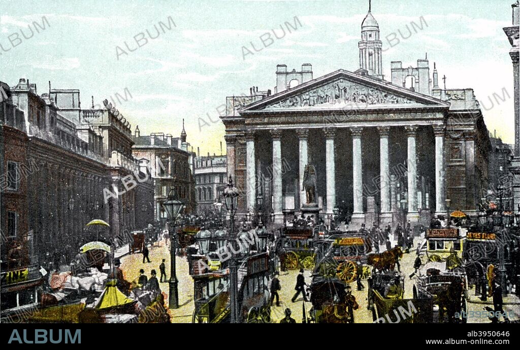 The Royal Exchange, London, 20th Century. The Royal Exchange was established by Sir Thomas Gresham in 1566, with the aim of making London main European market-place. It was named the Royal Exchange by Elizabeth I in 1571. It has been destroyed twice by fire but rebuilt both times on the same site. The building pictured was designed by Sir William Tite in 1842. Postcard from The Souvenir Album, Views of London And The River Thames, From London To Oxford, (London, 20th Century).