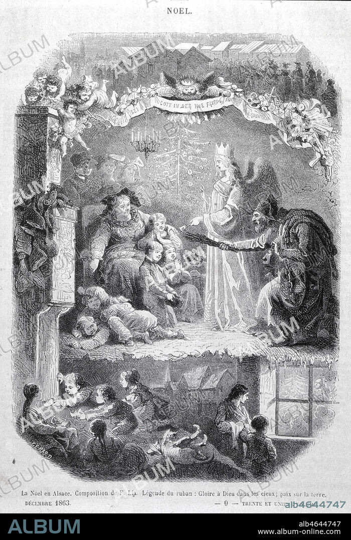 "La Noel en Alsace" . Christkindel (l'ange de Noel est en fait l'enfant Jesus) et Hans Trapp, genre de Croque-Mitaine qui d'un seul coup d'oeil devine les enfants qui ne sont pas sages, illustration de F. LIX (1830-1897). Gravure de 1863. Credit: Coll. Kharbine-Tapabor.