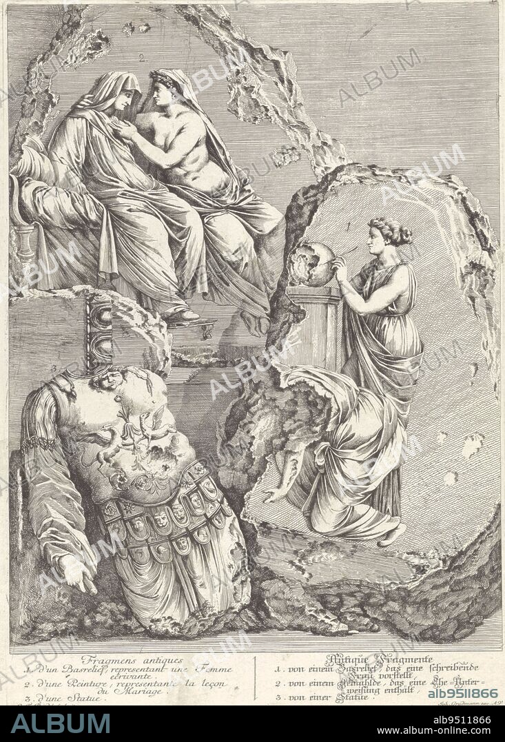 Antique excerpts People from classical antiquity (series title), print maker: Gottlieb Friedrich Riedel, (mentioned on object), publisher: Johann Gradmann, (mentioned on object), Augsburg, 1734 - 1784, paper, etching, h 352 mm × w 250 mm.