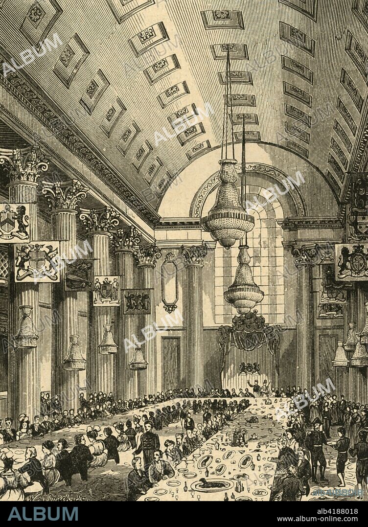'Interior of the Egyptian Hall', 1897. A banquet in the Egyptian Hall of the Mansion House, official residence of the Lord Mayor of London. The design, by George Dance the Elder, was inspired by Roman buildings in Egypt. It was built between 1739 and 1752. From Old and New London, Volume I, by Walter Thornbury. [Cassell and Company, Limited, London, Paris & Melbourne, 1897].