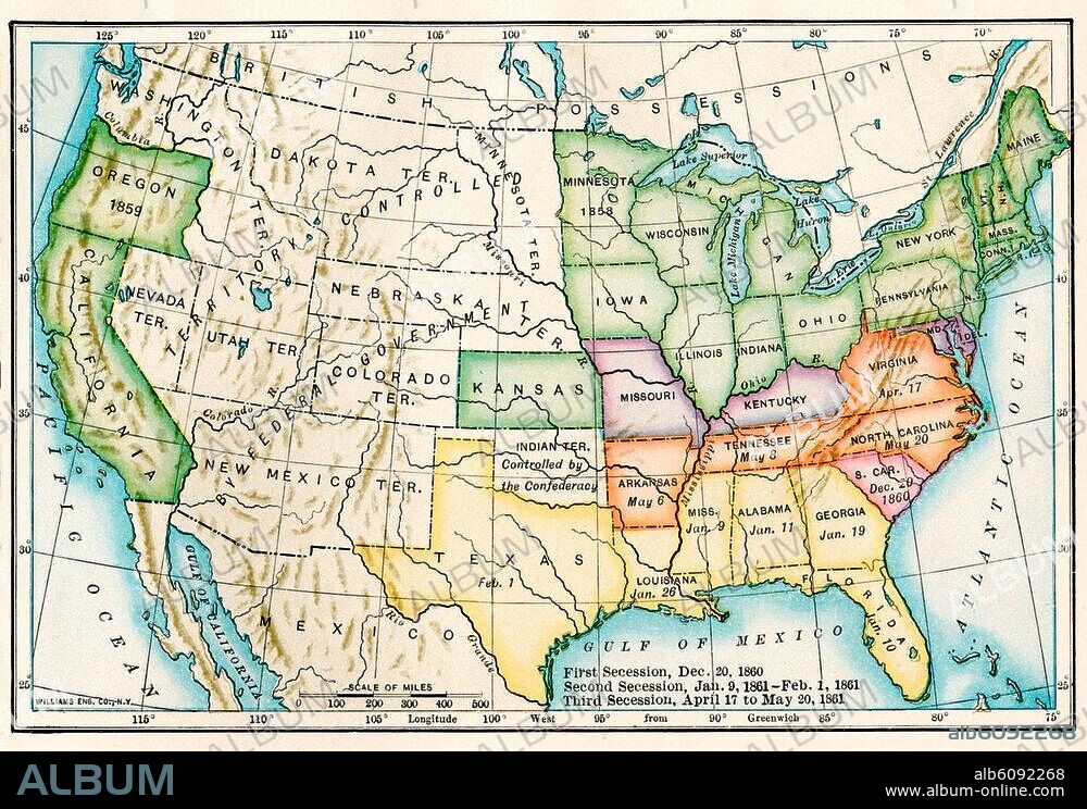 US map showing seceding states by date, American Civil War, 1860 and 1861. Printed color lithograph 19th century.