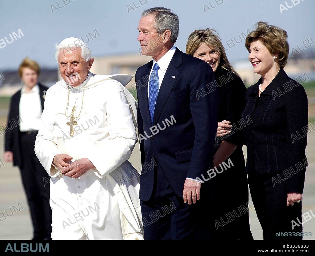 President George W. Bush and Laura Bush greet Pope Benedict XVI on his arrival at Andrews Air Force Base, Maryland, 2008.