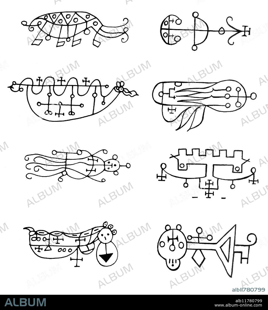 SIGILS - DEMONS. Eight representative sigils of demons. The demonic sigils are, in effect, the 'signatures' of the demons, and are used in conjuration, and in the manufacture of talismans and charms, to either evoke, or protect from, the sigillized demon. According to many occultists, possession of the sigil of a demon is tantamount to possessing is magical name, which gives the possibility of control over the creature. Reading from top, left to right, these are the sigils of: Bifrons, Aym, Vepar, Shax, Naberius, Belial, Bune and Anduscias. All these sigils are derived from various grimoires of the Solomonic type, in the British Library. There are literally thousands of demonic sigils, but those accorded to the 72 named demons in the Solomonic grimoires are by far the most well known.