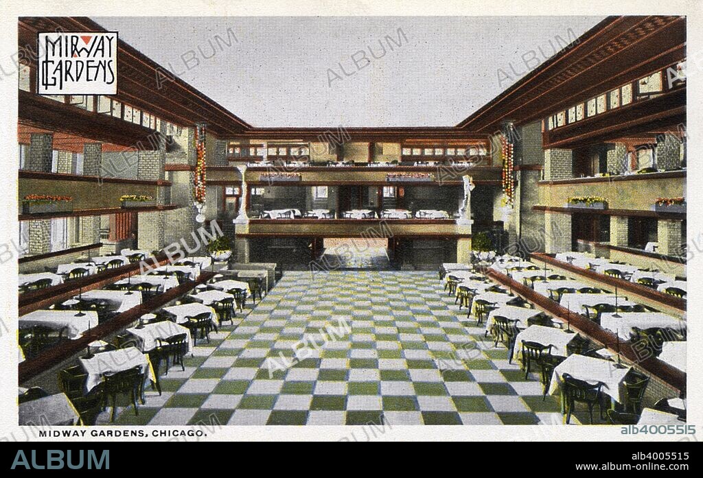 Midway Gardens, Chicago, Illinois, USA, 1915. Postcard view of one of the interior rooms showing cloth covered tables and a checked tile floor. Featuring a concert garden, restaurant and dance hall, the Midway Gardens complex was designed by Frank Lloyd Wright and completed in 1914. It was demolished in 1929.