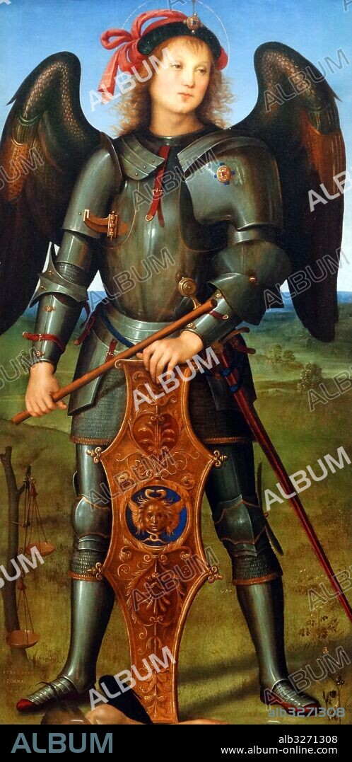 Detail from the painting titled 'The Virgin and Child with an Angel, the Archangel Raphael with Tobias and the Archangel Michael' by Pietro Perugino (1446-1523) an Italian Renaissance painter of the Umbrian school. Dated 16th Century.