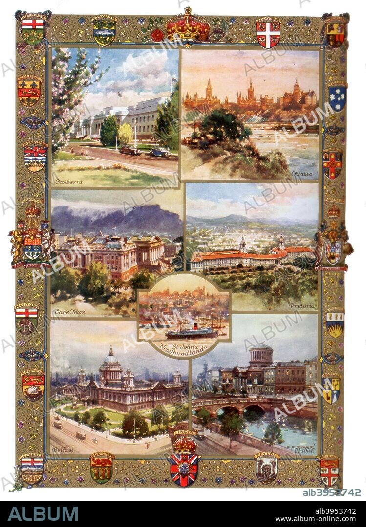 Capitals of the British Empire, 1937. Chief cities and seats of government in Australia, Canada, South Africa, Newfoundland, Northern Ireland, and the Irish Free State. An illustration from the Illustrated London News: Coronation Record Number, (London, 1937).