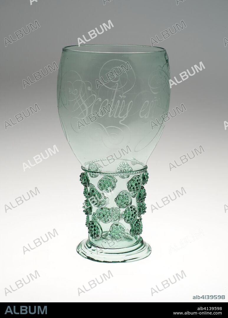 Calligraphic Prunted Beaker (Roemer). Netherlands. Date: 1655-1665. Dimensions: 23.5 x 10.8 cm (9 1/4 x 4 1/4 in.). Glass. Origin: Netherlands.