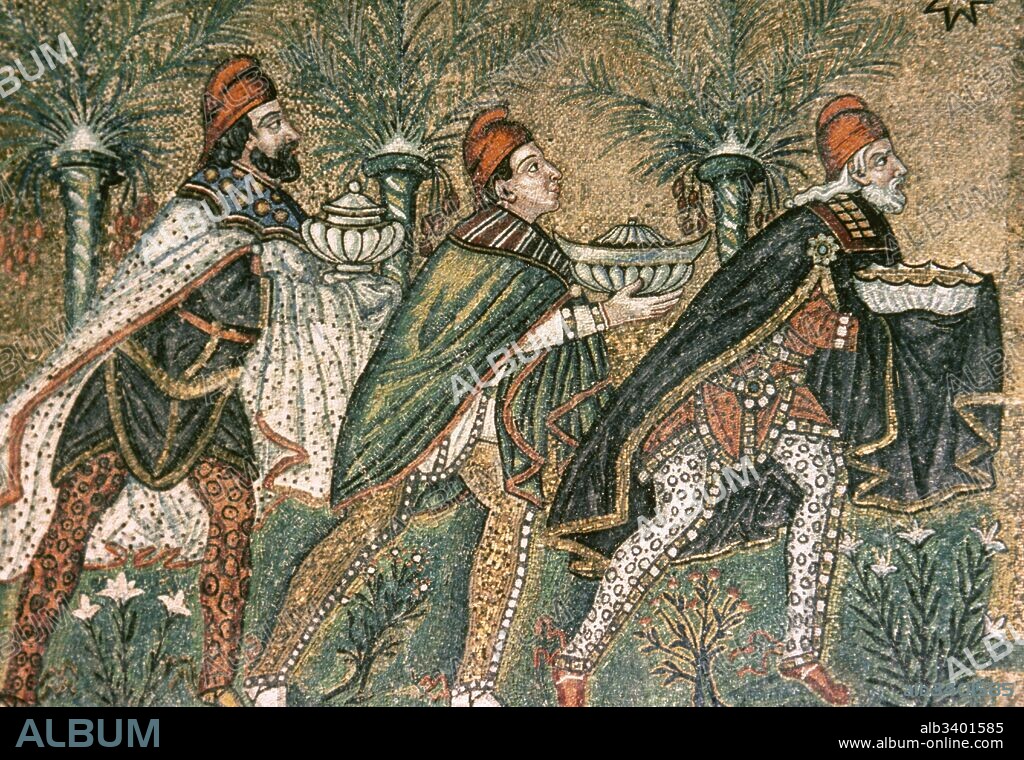 The Three Magi. Byzantine mosaic. Ca. 550. Detail. Restored in 18th century. Depicted in Persian clothing with breeches, capes, and Phrygian caps. Basilica of Sant' Apollinare Nuovo. Ravenna. Italy.