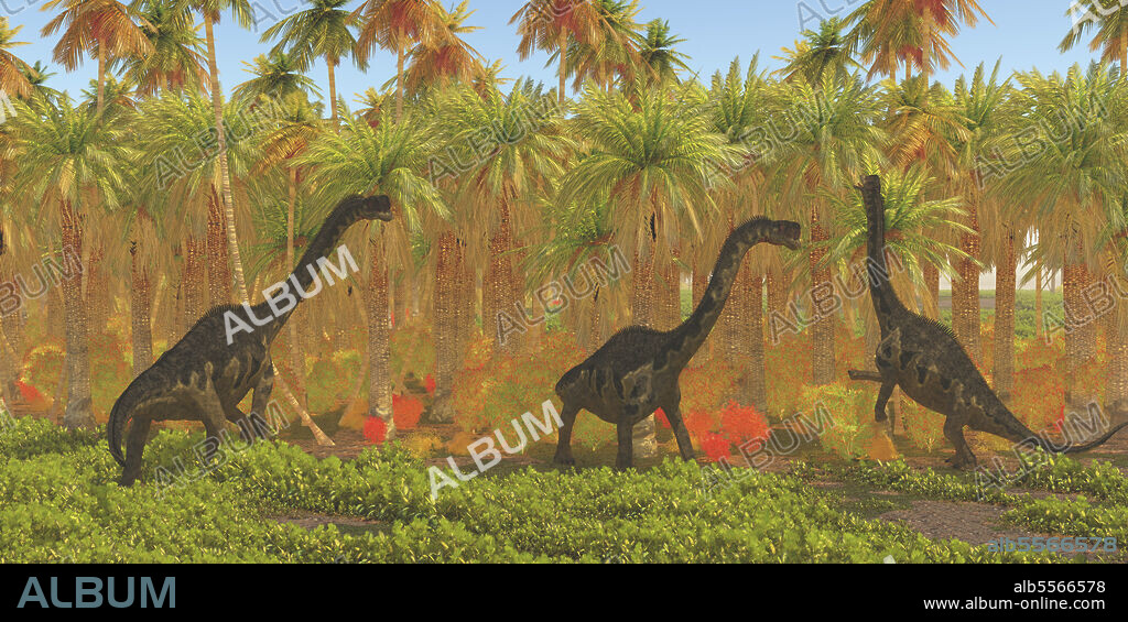 Europasaurus dinosaur herd munches their way through a jungle habitat in the Jurassic Period of Europe.