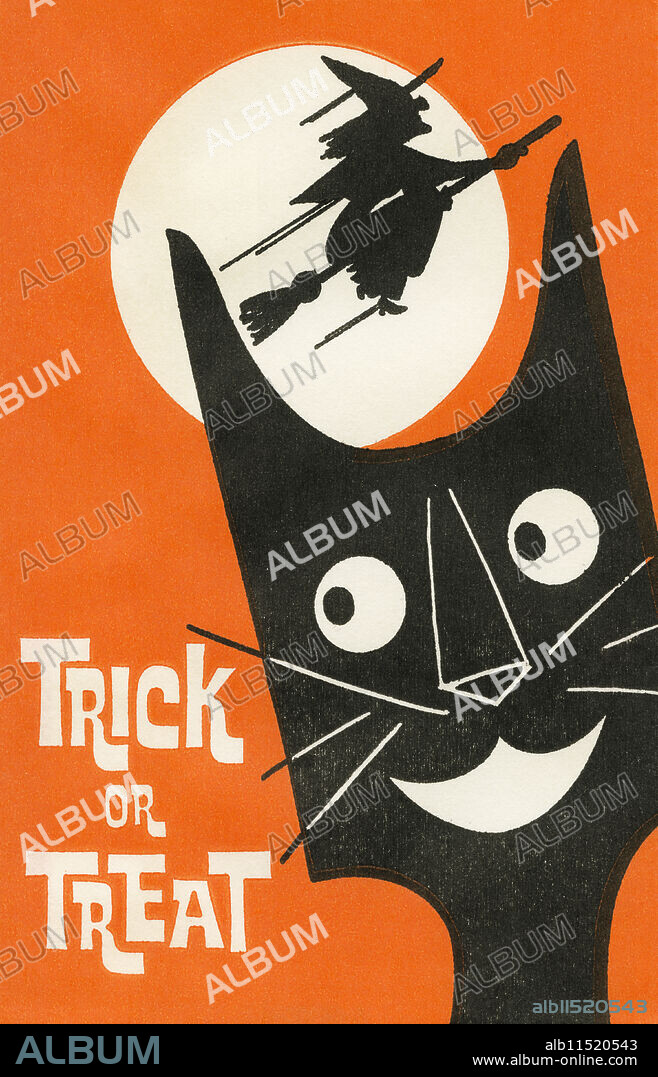 UNKNOWN. Paper bags to hand out treats for Halloween were common between the 1950's and the 1970's.  Trick or treat with a cat and a witch flying a broom past the moon.