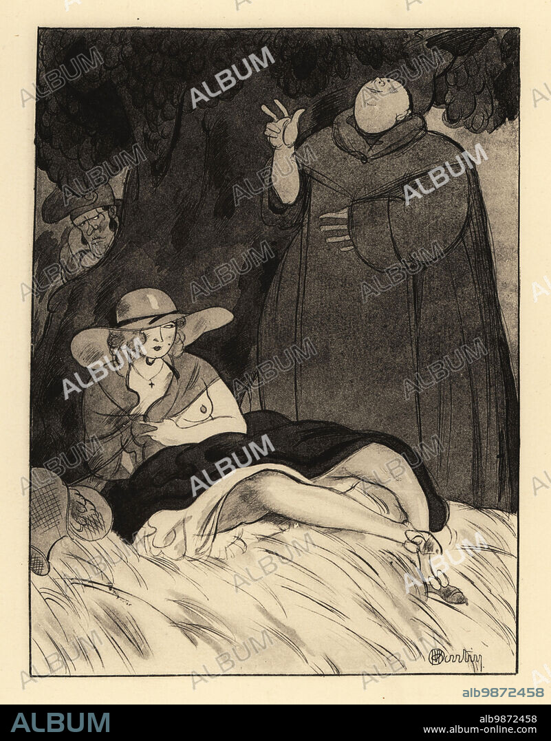 bare bum voyeur A bare-breasted wife pays her tithe to lustful Friar Gerard under a tree  .while her husband watches. The monks of Catalonia. Les cordeliera de  Catalogne. Lithograph after - Album alb9872458
