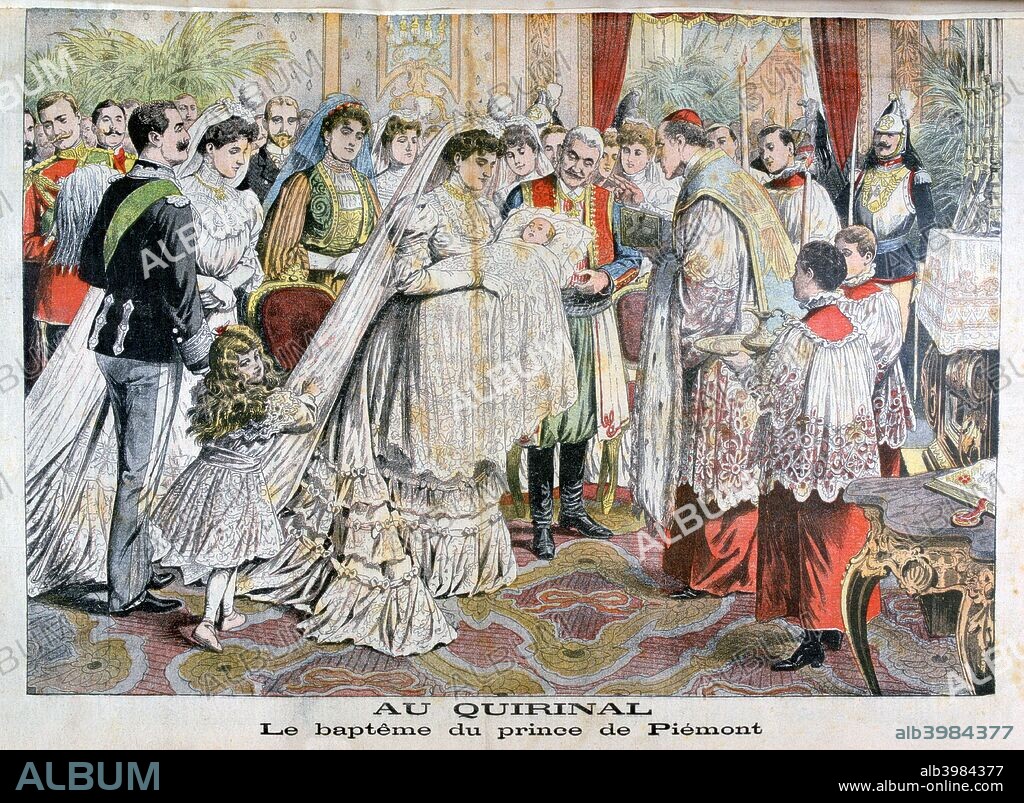 The baptism of the Prince of Piedmont, Quirinal Palace, Rome, 1904. The christening of Umberto, son of King Victor Emmanuel III of Italy and Elena Petrovich of Montenegro. Umberto reigned briefly as Italy's last king in 1946. An illustration from Le Petit Journal, 22nd May 1904.