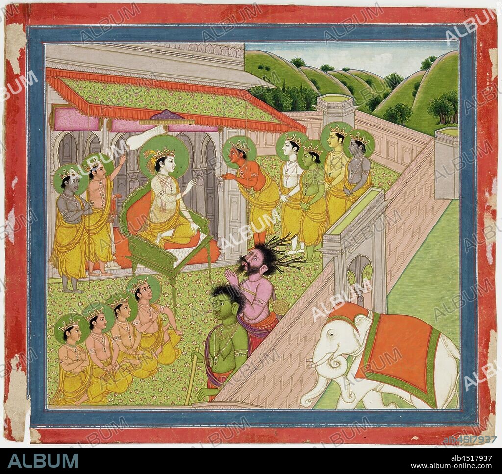 Unknown (Indian), Illustrations to Life of Dhurva Maharaj: #14 Indra, King of Heaven is very anxious and afraid that Dhurva may win his throne by power. He consults the other Dev Kings, ca. 1800, Gouache and gold, Sheet: 10 11/16 × 12 inches (27.1 × 30.5 cm).
