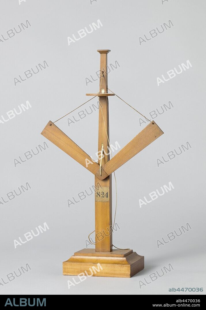 Model of an Optical Telegraph for Ships, Model of an optical telegraph. Schematic model of an optical telegraph, on a pedestal. The pole, although rectangular in cross-section, represents a mast and rod to which the moving parts are attached. These consist of two folding arms at the bottom and an oval plate at the top, which can be folded up and down rotating around a hinge, all parts are moved with ropes that run down disks in the mast., Engelbert Lucas, Netherlands, 1835, wood (plant material), brass (alloy), rope, h 48.6 cm × w 15.3 cm × d 10.1 cm.