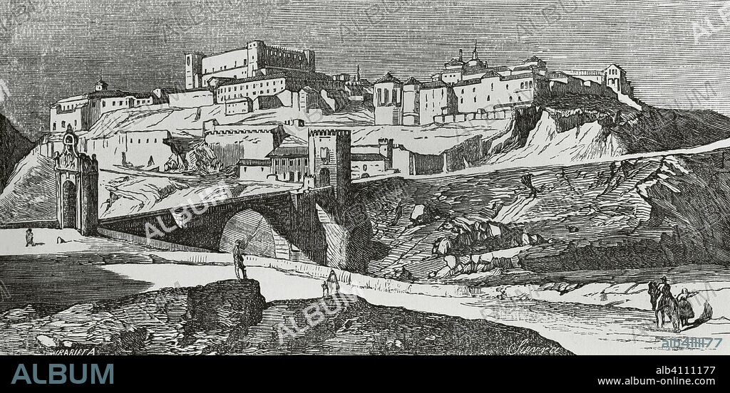 Spain ,Toledo. Panoramic view from the Alcantara Bridge. Illustration by Urrabieta. Engraving by Sierra.19th century. Cronica General de Espa–a, Historia Ilustrada y Descriptiva de sus Provincias. Castilla-La Nueva, 1869.