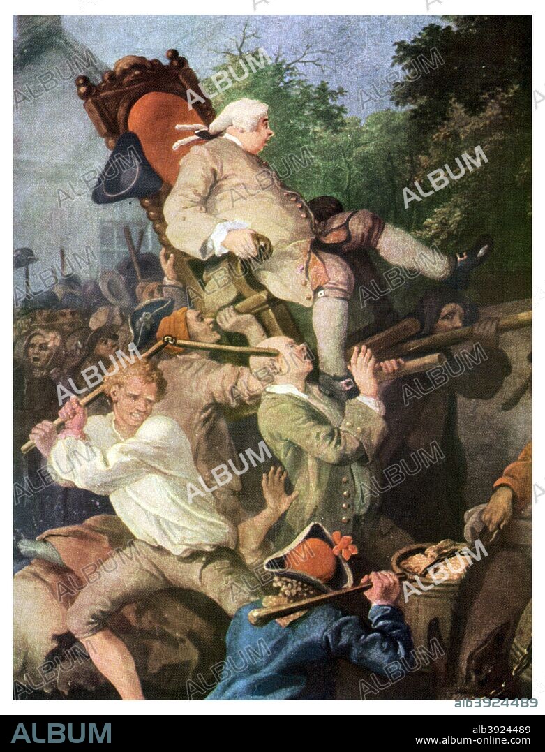 Detail from 'Chairing the Member', by William Hogarth, 1755 (1956). The painting, one of a series of four depicting the Oxfordshire parliamentary election of 1754, shows the victorious Tory candidate being carried in triumph by his supporters. In the foreground, two men, wielding a flail and a club, confront each other. A print from Things, a volume about the origin and early history of many things, common and less common, essential and inessential, by Readers Union, the Grosvenor Press, London, 1956.