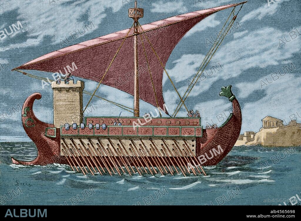 Trirreme romana. Grabado por Serra. "Museo Militar del Ejército Español", Tomo I. Evaristo Ullastres Editor. Barcelona, 1883. Coloredo.