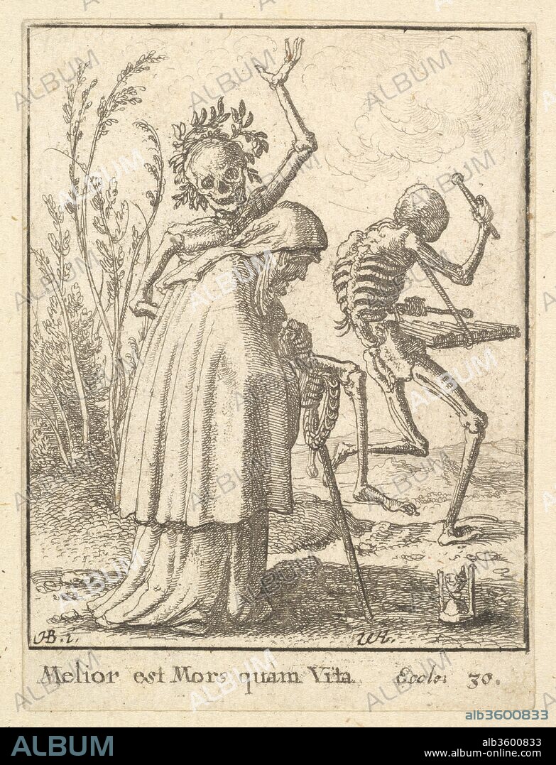 Old woman, from the Dance of Death. Artist: After Hans Holbein the Younger (German, Augsburg 1497/98-1543 London). Dimensions: Sheet: 2 7/8 × 2 3/16 in. (7.3 × 5.6 cm). Etcher: Wenceslaus Hollar (Bohemian, Prague 1607-1677 London). Series/Portfolio: Dance of Death, after Holbein. Date: 1651.
A wreath crowned skeleton raises his arm above a bent old woman walking to the right.  Another skeleton dances and plays the dulcimer at right.