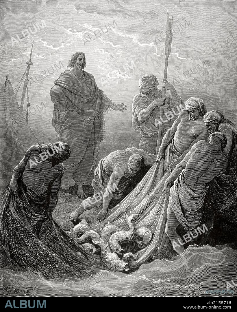 NUEVO TESTAMENTO. Jesús. "Pesca Milagrosa". Dibujo de G. Doré. Grabado de Pannemaker. Evangelio de San Lucas. Cap V. Versículo 4 al 10.