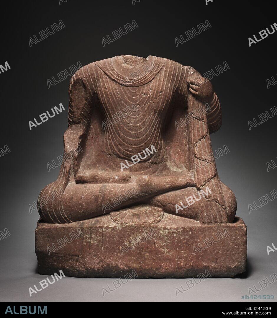 Seated Buddha, 200s. Northern India, Mathura, Kushan period (c. 80-320). Sandstone; overall: 63 x 58.5 cm (24 13/16 x 23 1/16 in.).
