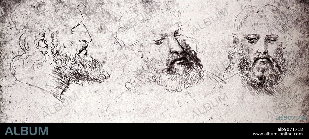 Portrait of a man in three positions (Possibly, Cesare Borgia), red chalk, c. 1502 by Leonardo da Vinci (1452-1519), Italian artist and polymath.