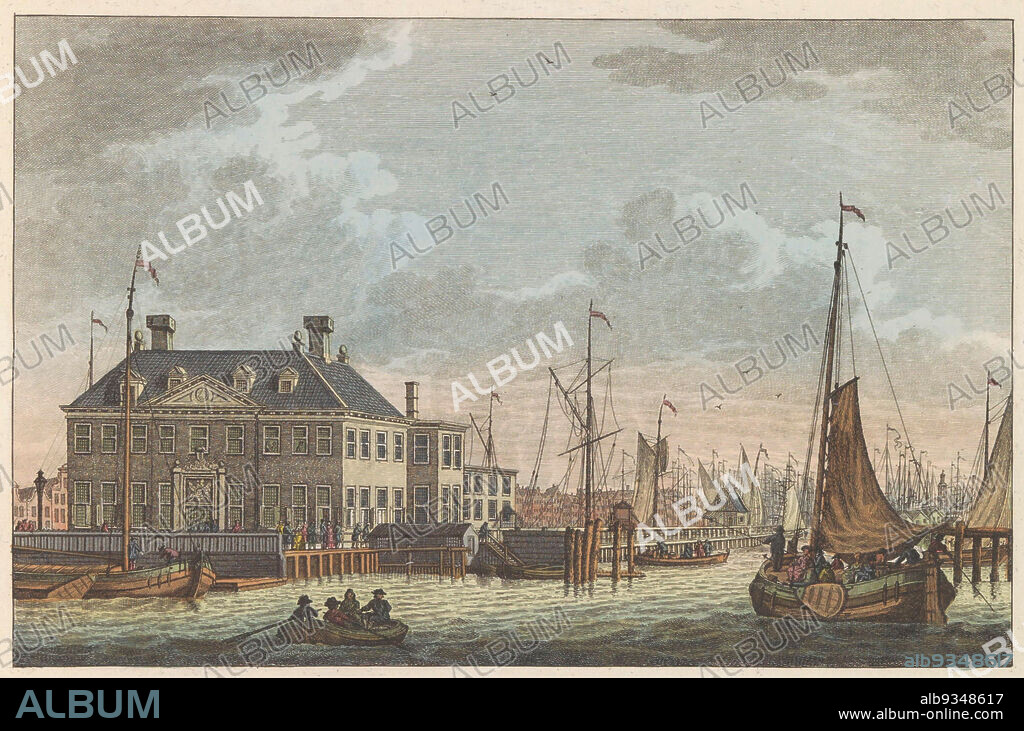 View of the Nieuwe Stadsherberg, ca. 1790, Nieuwe Stads-Herberg te Amsterdam, Vue de L'Edifice dite Nieuwe Stadsherberg - passage pour le Nord-hollande et Endroite au arrive les Barques de Buiksloot (title on object), De Nieuwe Stadsherberg te Amsterdam, ca. 1790. Part of a plate work from c. 1824-1825 with 74 (unnumbered) plates of the most important topographical views and various customs in the United Kingdom of the Netherlands., print maker: Carel Frederik Bendorp (I), intermediary draughtsman: Jan Bulthuis, Amsterdam, 1786 - 1792 and/or 1824 - 1825, paper, etching, engraving, height 174 mm × width 250 mm.