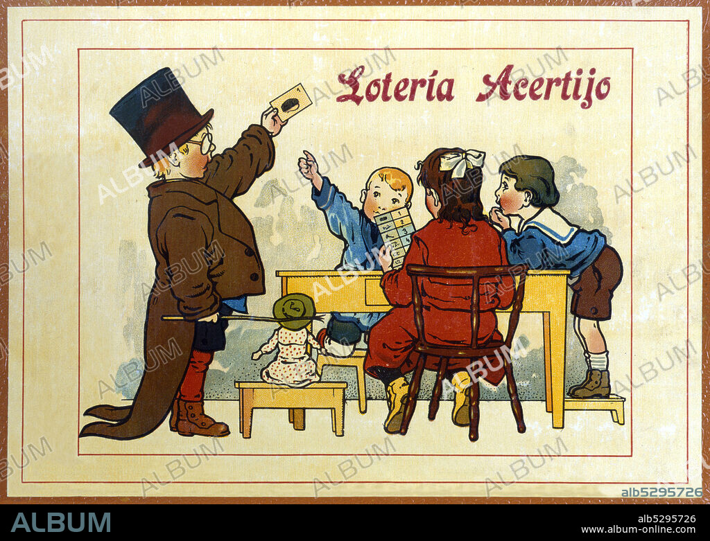 Juguetes de cartón y madera. Caja del juego Lotería Acertijo, fabricado por Juguetes Borrás, de Mataró. Año 1913.
