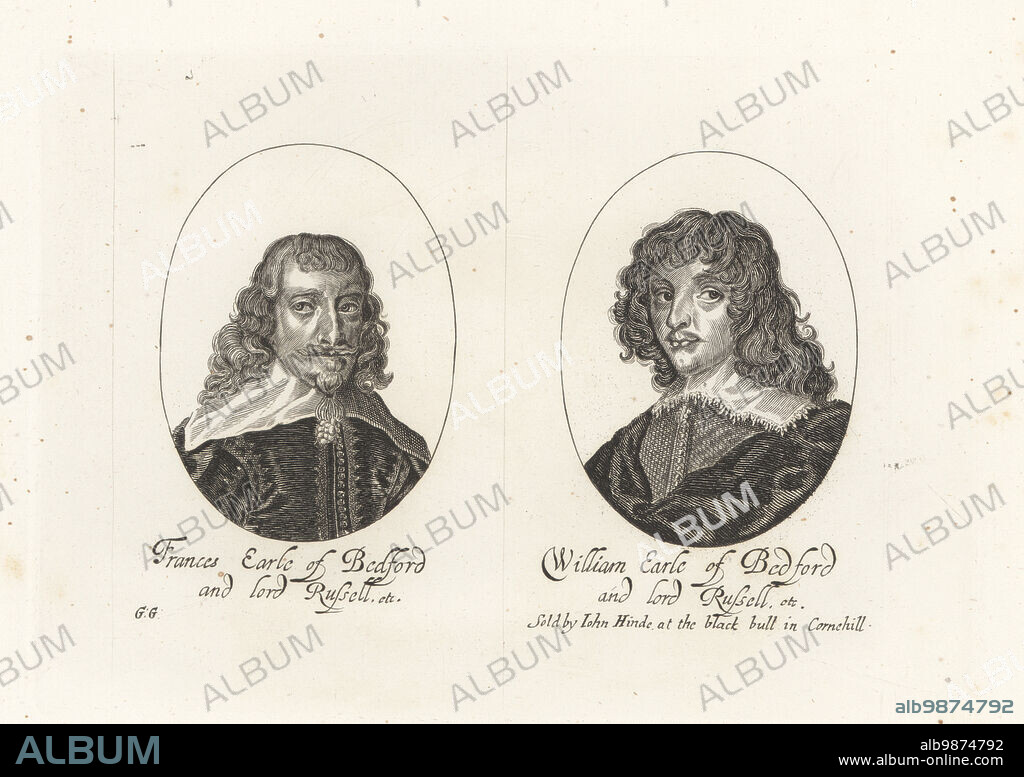 Oval portraits of Frances Russell, 4th Earl of Bedford, Lord Russell, 1587-1641, and his son William Russell, 5th Earl of Bedford, Lord Russell, 1616-1700. From the scarce print by George Glover, sold by John Hinde at the Black Bull in Cornehill. Copperplate engraving from Samuel Woodburns Gallery of Rare Portraits Consisting of Original Plates, George Jones, 102 St Martins Lane, London, 1816.