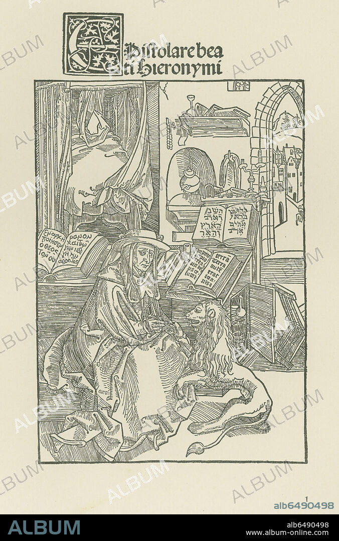 ALBERTO DURERO. Saint Jerome in his study. (title page of the Letters of Saint Jerome, "Epistolae beati Hieronymi", printed by Nicolas Kessler, Basel, 8 August 1492.) 
Woodcut, 192 x 135mm. (Vol.1. fol. A1r.).