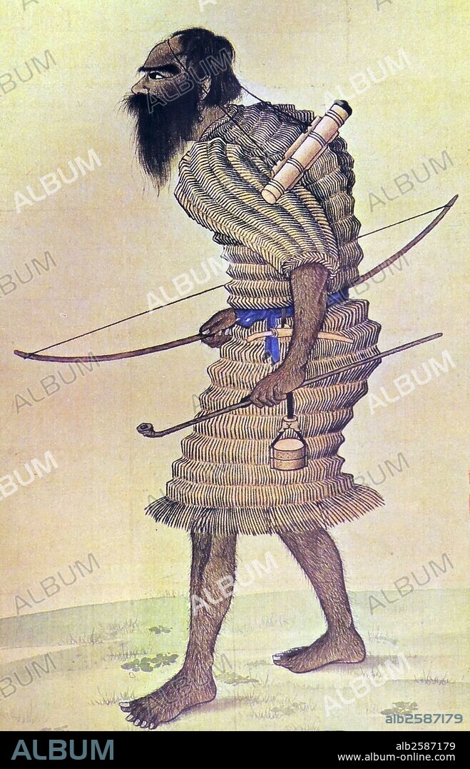 Illustration of the everyday working dress of the Ainu men made from native bark. In this illustration the Ainu is holding his pipe and bow and a quiver slung from his forehead. By Toyosuke of Nagasak. Dated 18th Century.