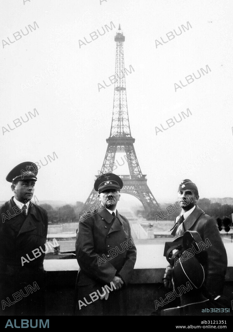 German Chancellor Adolf Hitler, with architect, Albert Speer and sculptor, Arno Breker (right), arrive in Paris following the German Invasion of France, 1940.