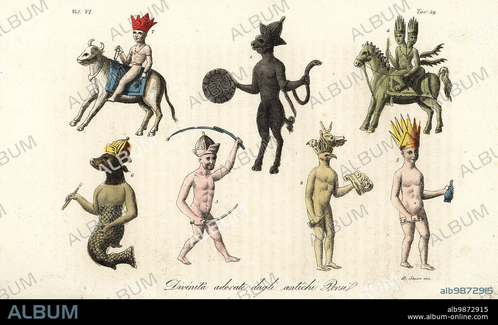 Gods worshipped by the ancient Persians. Saturn 1, Jupiter-Horus with bird head 2, Mars 3, double-headed Sun god 4, Venus 5, Mercury with pig head and fish tail 6 and Moon god on horseback 7. Divinita adorate dagli antichi Persi. Handcoloured copperplate engraving by Giovanni Antonio Sasso from Giulio Ferrarios Costumes Ancient and Modern of the Peoples of the World, Il Costume Antico e Moderno, Florence, 1847.