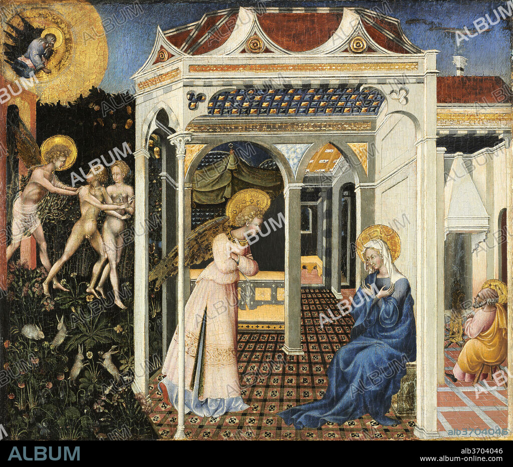 GIOVANNI DI PAOLO. The Annunciation and Expulsion from Paradise. Dated: c. 1435. Dimensions: overall: 40 x 46.4 cm (15 3/4 x 18 1/4 in.)  painted surface: 38.7 x 44.7 cm (15 1/4 x 17 5/8 in.)  framed: 54.93 x 58.74 x 6.99 cm (21 5/8 x 23 1/8 x 2 3/4 in.). Medium: tempera on panel.