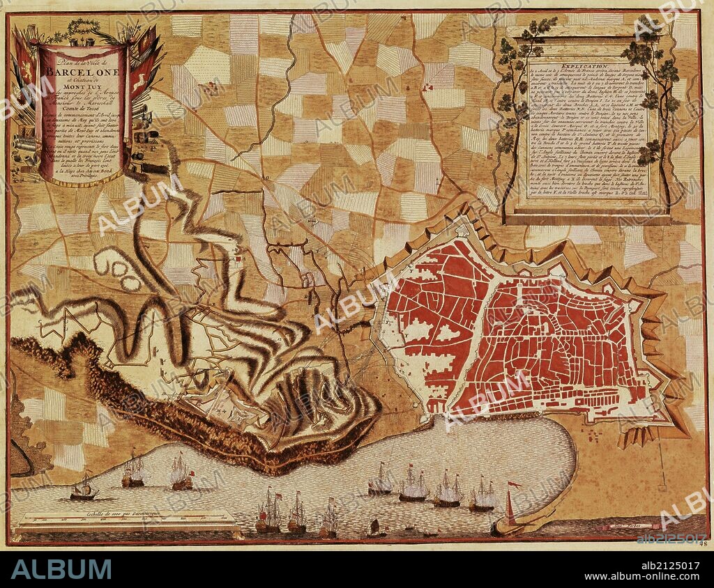 HISTORIA DE CATALUÑA. GUERRA DE SUCESION ESPAÑOLA (1701-1715). Siglo XVIII. MAPA DE LA CIUDAD DE BARCELONA durante el asedio francés de 1706, entre los meses de abril y mayo. En 1706 la ciudad padeció un asedio de la flota francesa, coincidiendo con la convocatoria de las Cortes Catalanas por el Archiduque Carlos de Austria, llamado rey Carlos III.