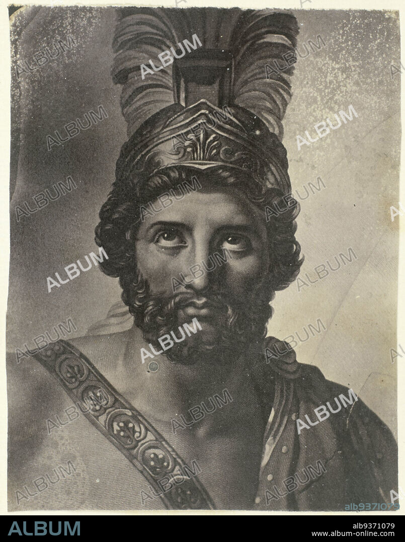 Portrait painting of Leonidas, king of Sparta, Photo reproduction of a print after a fragment of the painting Léonidas aux Thermopyles by Jacques-Louis David, Eduard Isaac Asser, after: Jacques-Louis David, Amsterdam, c. 1855, paper, salted paper print, height 99 mm × width 77 mm.
