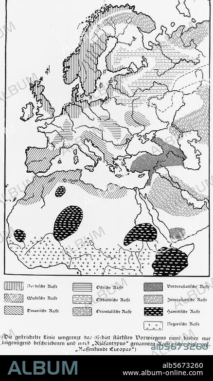 Scientific Racism / Nazi Period. - Illustration of the concentration of various races. Illustr. fr.: Hans F.K.Günther, "Rassenkunde des deutschen Volkes" (Ethnology of the German People). Munich (J.F.Lehmanns publ.) 1935. (Hans Friedrich Karl Günther, social anthropologist, major influence on Nazi racialist thought; 1891-1968).