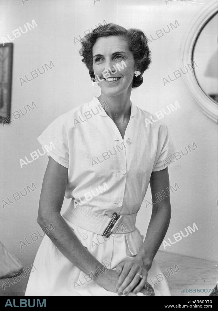 Prunella Stack -- Director of the 'Women's League of Health and Beauty; she was twice widowed; her first husband Lord David Douglas-Hamilton, died in 1944; her second husbands, Mr. Alfred G. Albers, F.R.C.S, of Cape Towns died in 1951. Prunella Stack has two sons of her first marriage. She is coming to England for the coronation with a team of South African members of the League of Health and Beauty. July 7, 1953. (Photo by Neville Clayton, Camera Press).