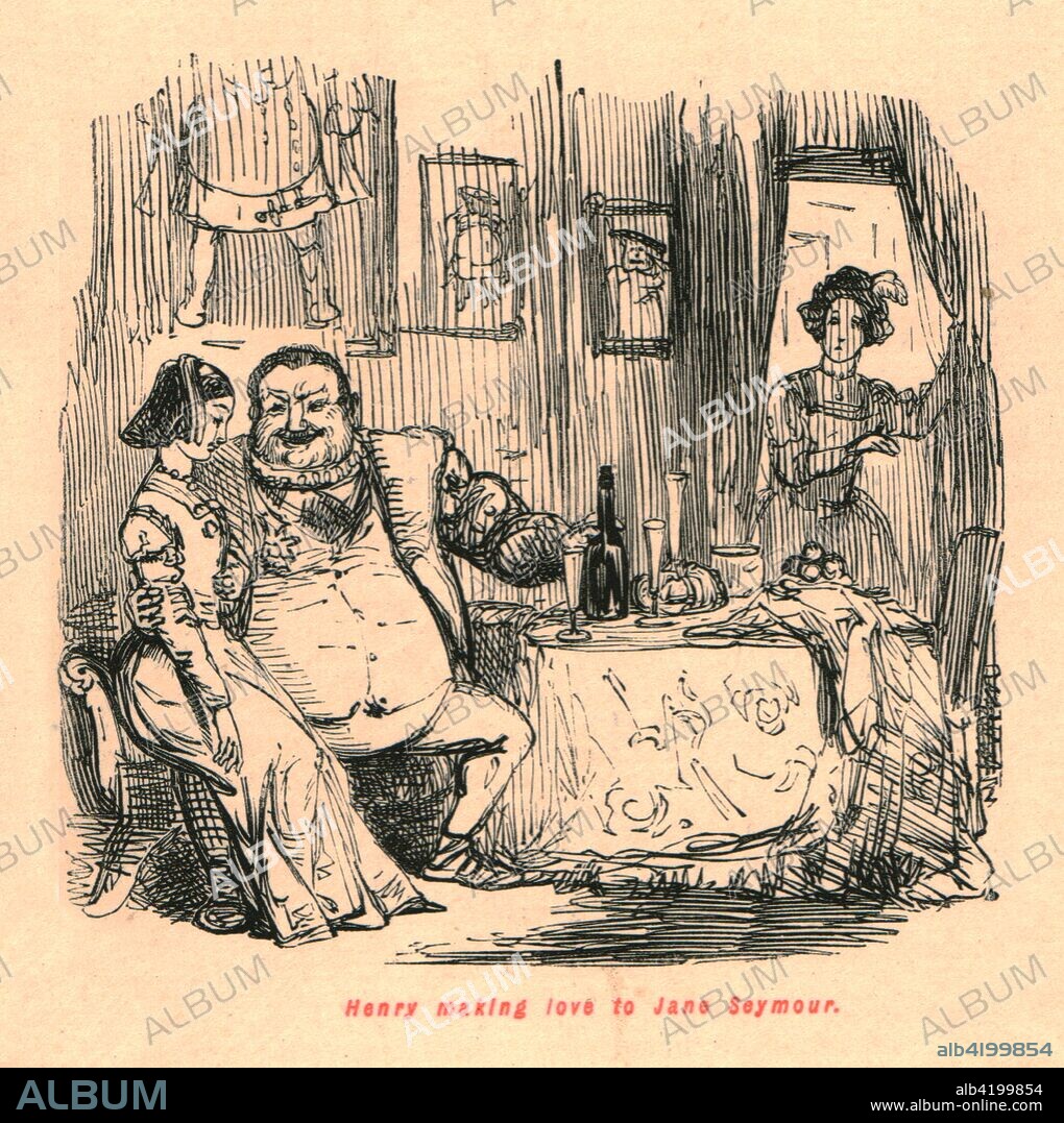'Henry making love to Jane Seymour', 1897. Jane sits demurely on the knee of an overweight King Henry VIII, watched from the door by another woman, possibly Queen Anne Boleyn. (Henry was betrothed to Jane on 20 May 1536, just one day after Anne Boleyn's execution). From "The Comic History of England" by Gilbert Abbott A Beckett, with satirical illustrations by John Leech. [Bradbury, Agnew & Co, London, 1897].
