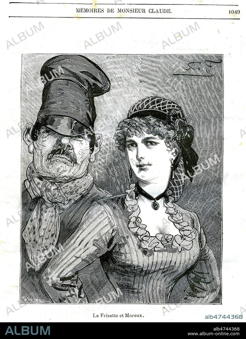 'La frisette et Moreux'. Prostituee et souteneur. Memoires de Monsieur Claude, chef de la police de surete sous le Second Empire, editions Jules Rouff, 1884 - gravure sur bois p 1049. Illustration par A. FERDINANDUS. Credit : Jean Vigne / KHARBINE-TAPABOR.