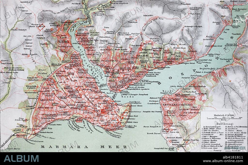 city map from the year 1892: Konstantinopel, Constantinople, now Istanbul, Turkey, digital improved reproduction of an original print from the year 1895.