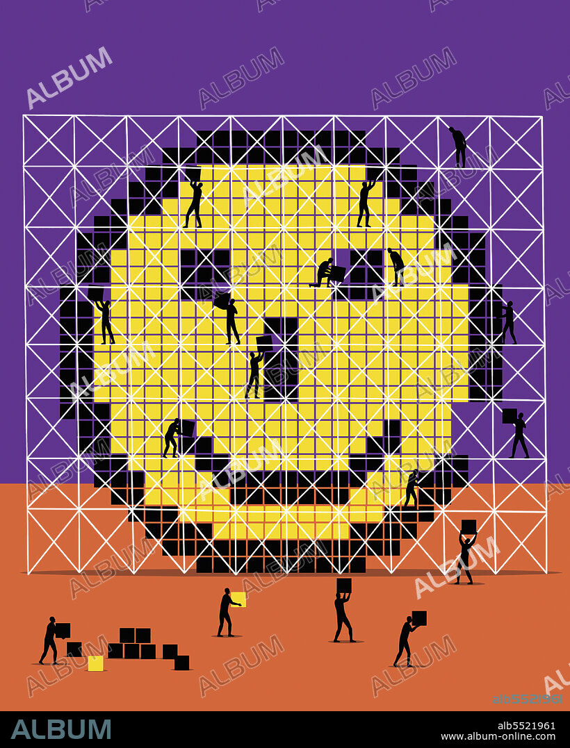People working together to build pixel smiley face.
