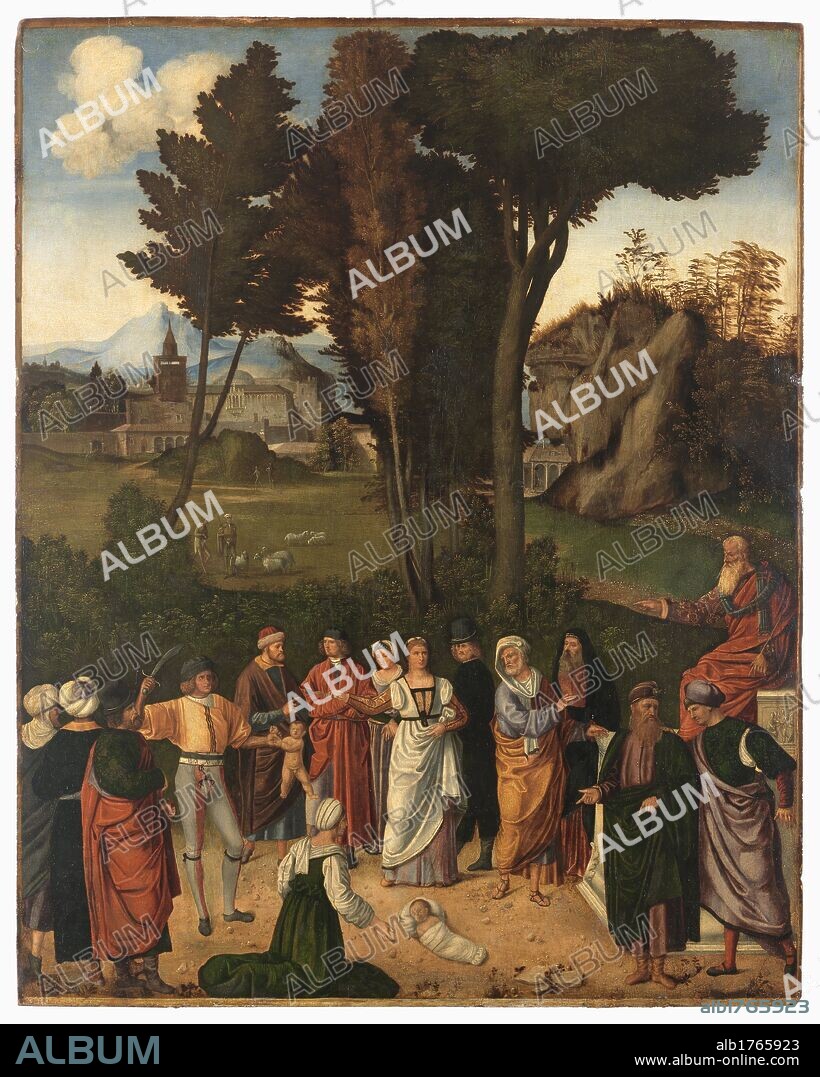 GIORGIO BARBARELLI DA CASTELFRANCO. Judgment of Salomon, by Unknown Artist, 1505 about, 16th Century, oil on panel, cm 89 x 72. Italy, Tuscany, Florence, Uffizi Gallery. Whole artwork view. It shows Solomon, King of the Jews, on the throne, with the court dignitaries and two women at his feet. The two women were both claiming the same child and had appealed to the King. Solomon's choice unmasked the faking one. Behind them are two large oaks which divide the landscape into two parts.