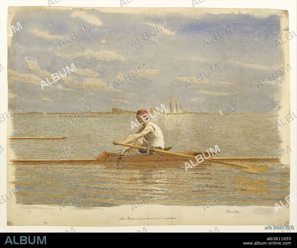 John Biglin in a Single Scull. Artist: Thomas Eakins (American, Philadelphia, Pennsylvania 1844-1916 Philadelphia, Pennsylvania). Dimensions: 19 5/16 x 24 7/8 in. (49.1 x 63.2 cm). Date: ca. 1873.
In 1873, when Eakins began painting watercolors for exhibition, he took up sporting scenes. This sheet is a replica of a watercolor (Yale University Art Gallery) that he sent to his Parisian teacher, Jean-Léon Gérôme, for criticism. His master wrote, "Your watercolor is entirely good and I am very pleased to have in New York a pupil such as you who does me honor.".