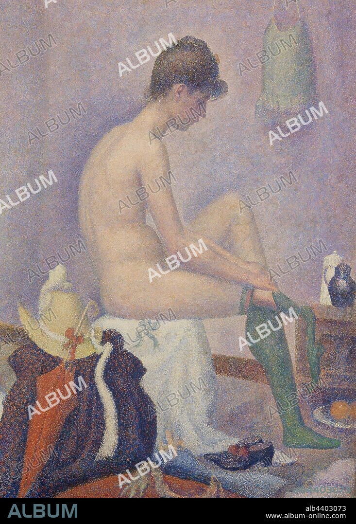 Georges Seurat: Models (Poseuses), Georges Seurat, 1886–1888, Oil on canvas, In this scene set inside Georges Seurat's studio, we see models posing in front of A Sunday on La Grande Jatte (Art Institute of Chicago), the famous pointillist painting that caused a scandal when it was first exhibited in 1886. Informed by scientific theories of light, color, and optics, pointillism was dismissed by many critics at the time for being too cold and methodical--a style that could never be applied to noble subjects like the nude. Here, Seurat seems to offer his response, presenting life-size nude bodies from three angles and on a monumental scale., Overall: 78 3/4 x 98 3/8 in. (200 x 249.9 cm).